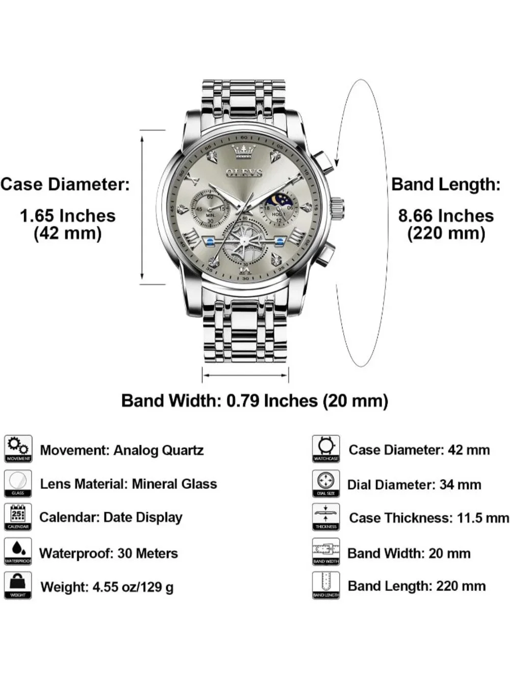 Men's Gray / Silver Stainless Steel Chronograph Waterproof Quartz Dress Watch